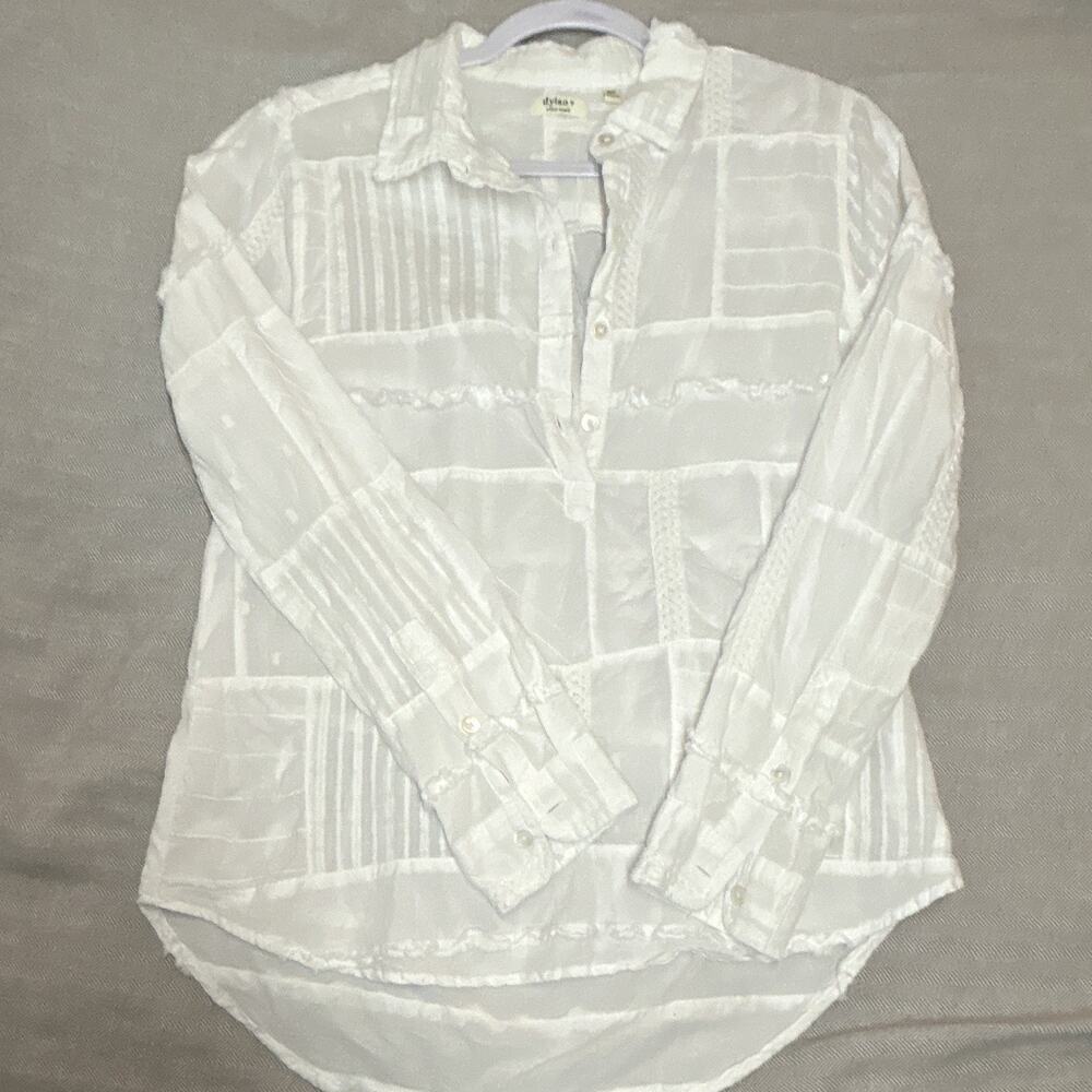 Dylan White Striped 100% Cotton Woven Button-Up Collared Long Sleeve Blouse XS